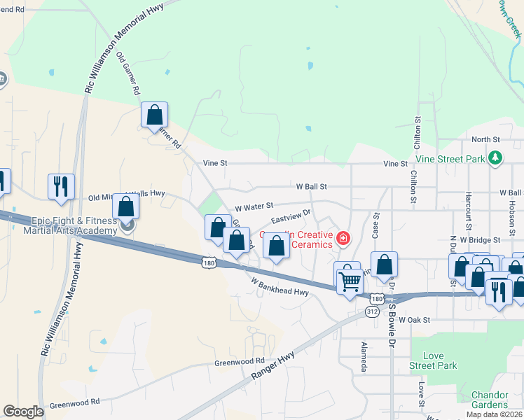map of restaurants, bars, coffee shops, grocery stores, and more near 1431 West Water Street in Weatherford
