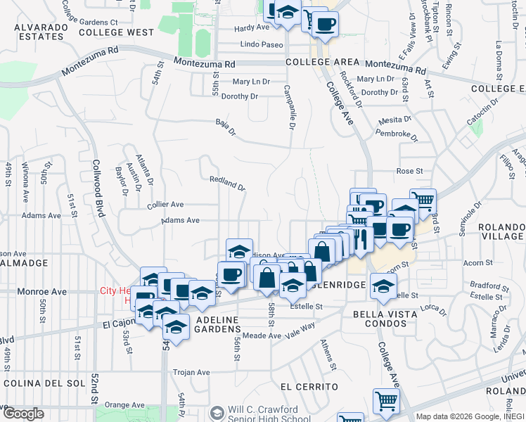 map of restaurants, bars, coffee shops, grocery stores, and more near 4720 El Cerrito Place in San Diego