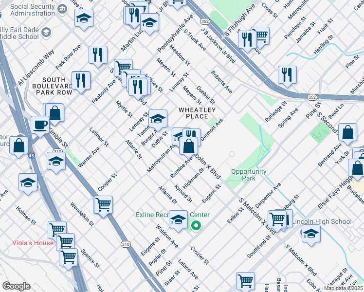 map of restaurants, bars, coffee shops, grocery stores, and more near 3711 South Malcolm X Boulevard in Dallas