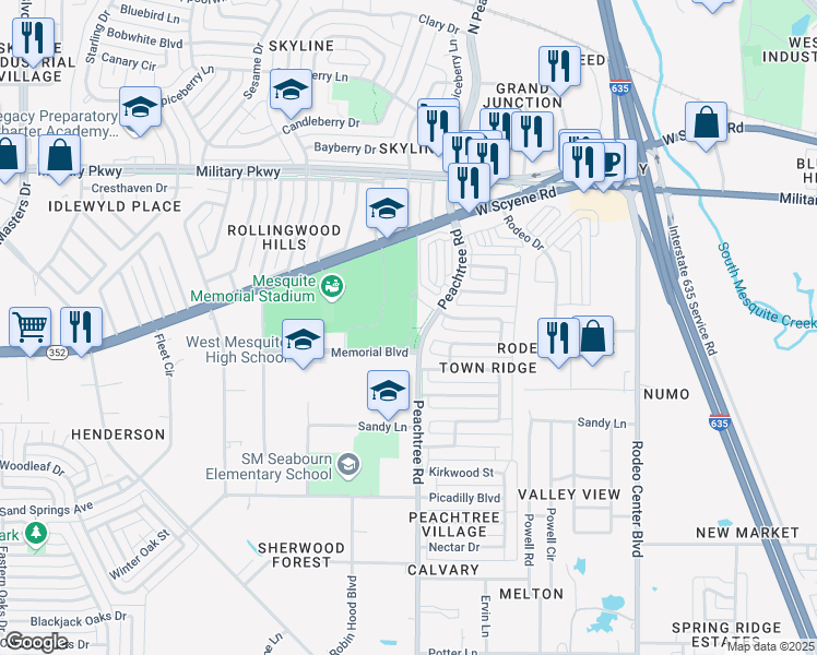 map of restaurants, bars, coffee shops, grocery stores, and more near 2250 Scyene Road in Mesquite