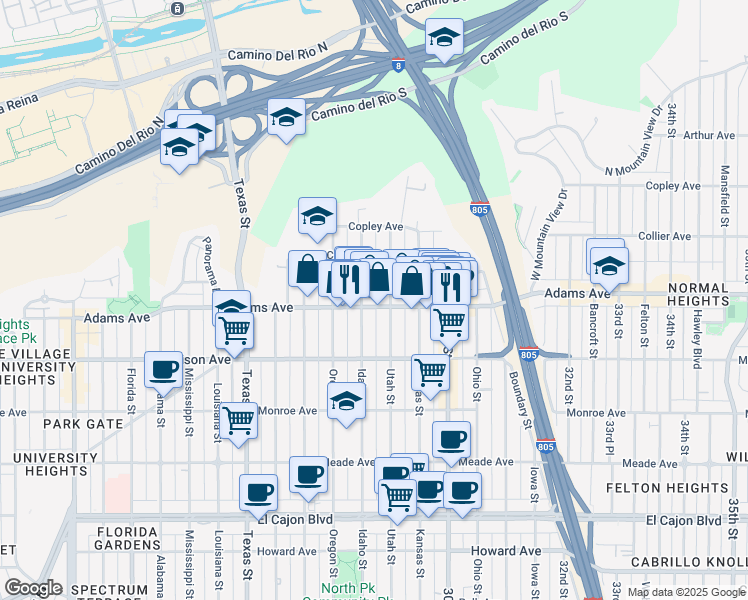map of restaurants, bars, coffee shops, grocery stores, and more near 2820 Adams Avenue in San Diego