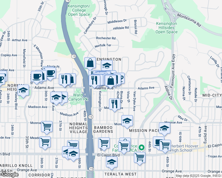 map of restaurants, bars, coffee shops, grocery stores, and more near 4153 Adams Avenue in San Diego