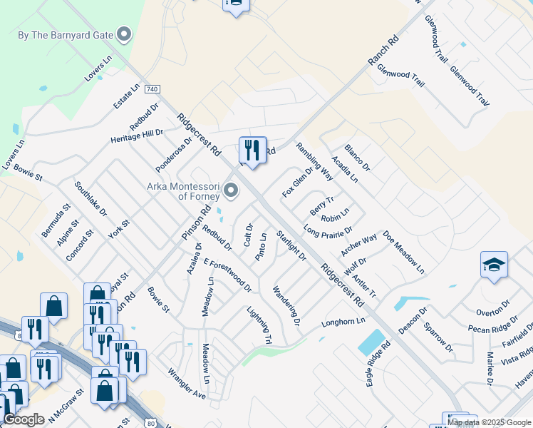 map of restaurants, bars, coffee shops, grocery stores, and more near 226 Starlight Drive in Forney