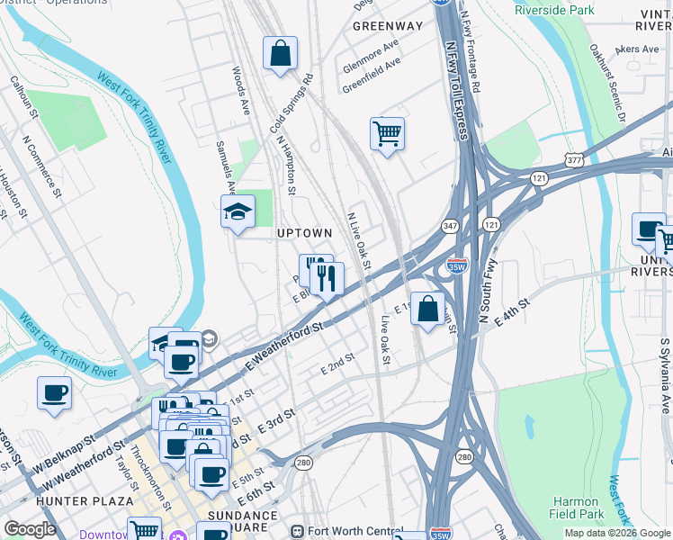 map of restaurants, bars, coffee shops, grocery stores, and more near 1309 East Bluff Street in Fort Worth