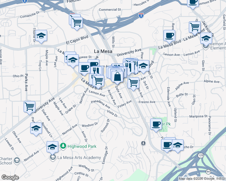 map of restaurants, bars, coffee shops, grocery stores, and more near 8150 Lemon Avenue in La Mesa