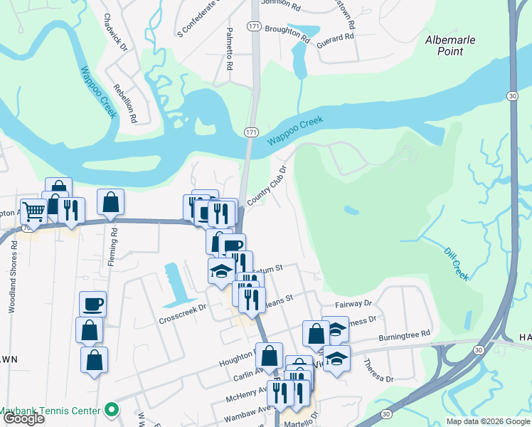 map of restaurants, bars, coffee shops, grocery stores, and more near 325 Country Club Drive in Charleston