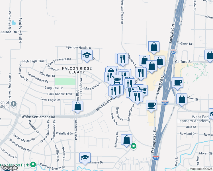 map of restaurants, bars, coffee shops, grocery stores, and more near 9702 Legacy Drive in Fort Worth