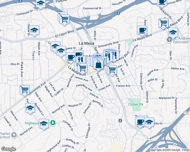 map of restaurants, bars, coffee shops, grocery stores, and more near 8150 Lemon Avenue in La Mesa