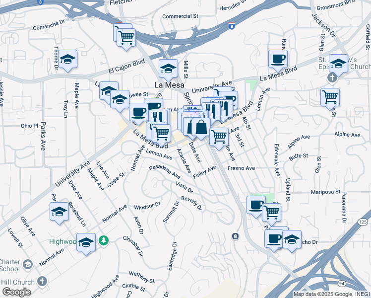 map of restaurants, bars, coffee shops, grocery stores, and more near 8150 Lemon Avenue in La Mesa