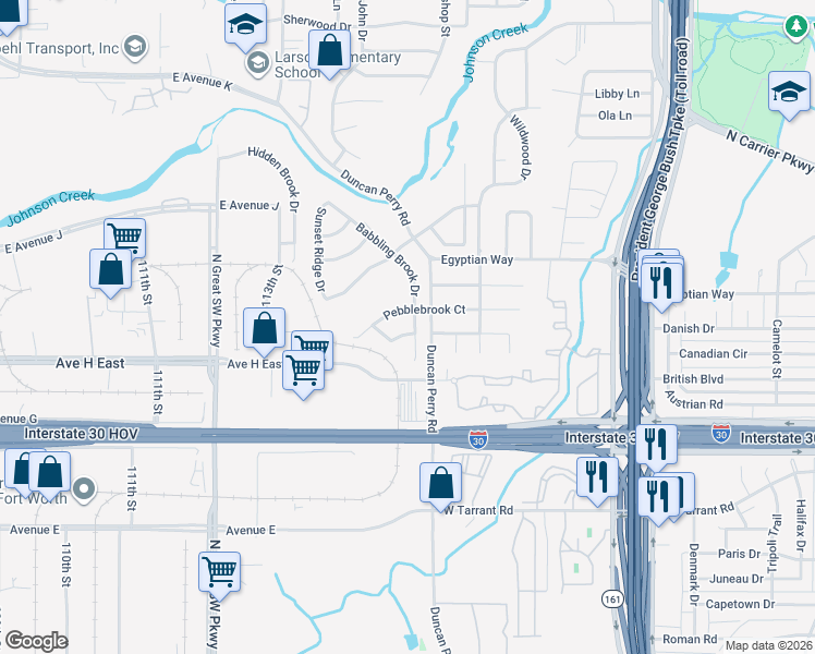 map of restaurants, bars, coffee shops, grocery stores, and more near 2420 Hidden Cove Drive in Grand Prairie