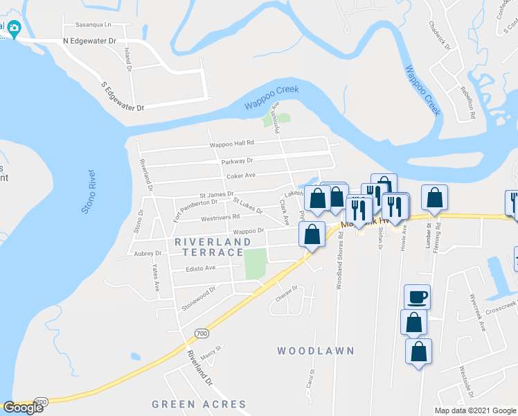 map of restaurants, bars, coffee shops, grocery stores, and more near 2082 Saint Lukes Drive in Charleston