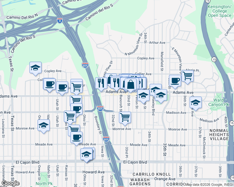 map of restaurants, bars, coffee shops, grocery stores, and more near 3223 Adams Avenue in San Diego