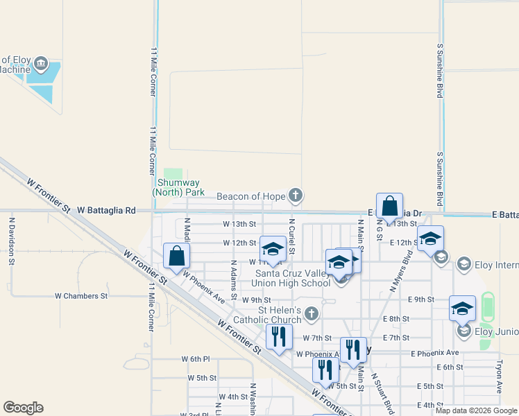 map of restaurants, bars, coffee shops, grocery stores, and more near 402 West Battaglia Drive in Eloy