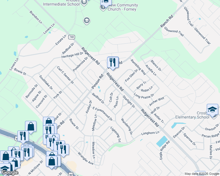 map of restaurants, bars, coffee shops, grocery stores, and more near 527 Tumbleweed Drive in Forney