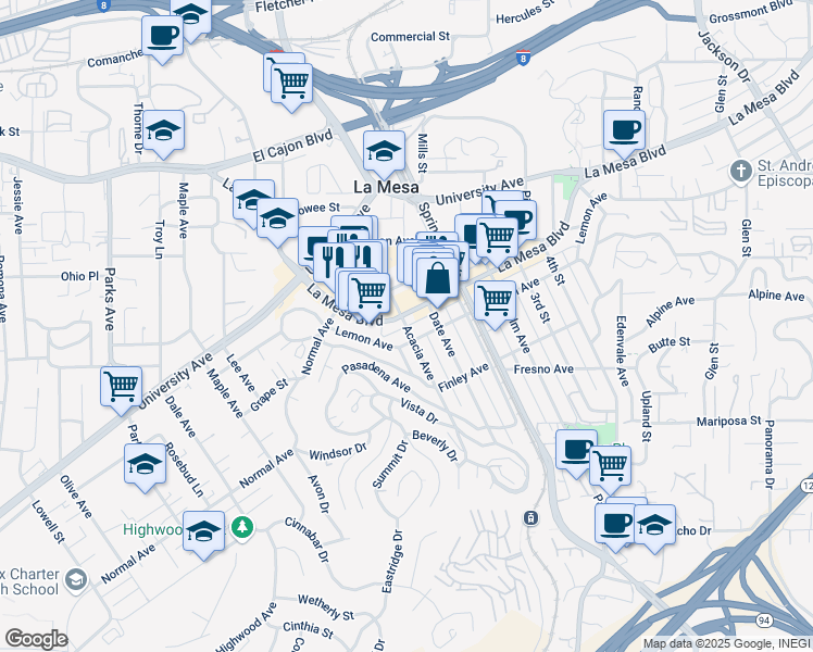 map of restaurants, bars, coffee shops, grocery stores, and more near 4616 Acacia Avenue in La Mesa