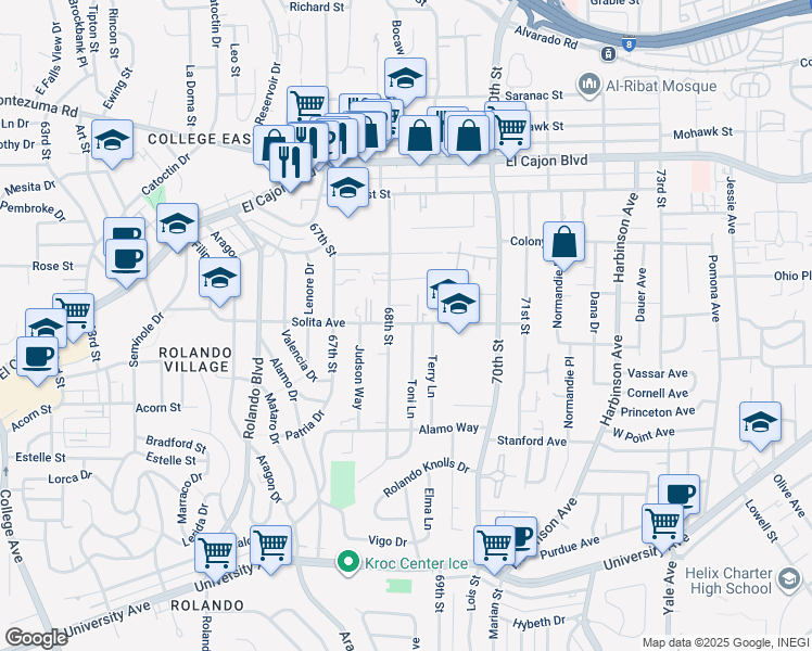 map of restaurants, bars, coffee shops, grocery stores, and more near 4671 68th Street in La Mesa