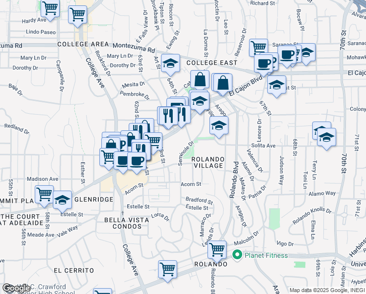 map of restaurants, bars, coffee shops, grocery stores, and more near 6317 El Cajon Boulevard in San Diego