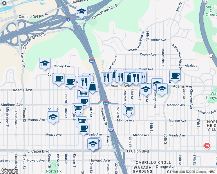 map of restaurants, bars, coffee shops, grocery stores, and more near 3165 Adams Avenue in San Diego