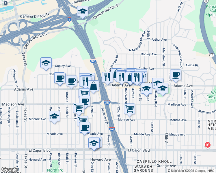 map of restaurants, bars, coffee shops, grocery stores, and more near 3165 Adams Avenue in San Diego