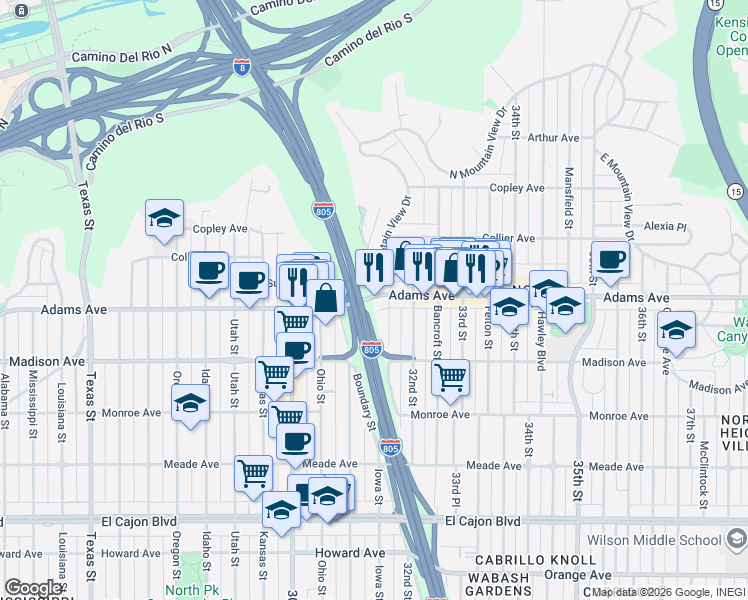 map of restaurants, bars, coffee shops, grocery stores, and more near 3165 Adams Avenue in San Diego