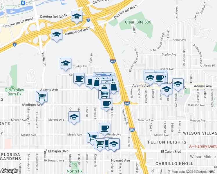 map of restaurants, bars, coffee shops, grocery stores, and more near in San Diego