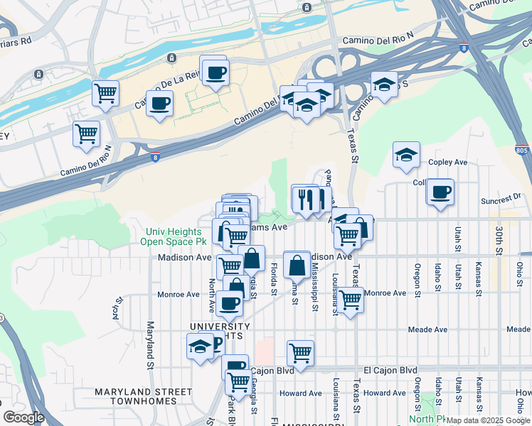 map of restaurants, bars, coffee shops, grocery stores, and more near 1943 Adams Avenue in San Diego