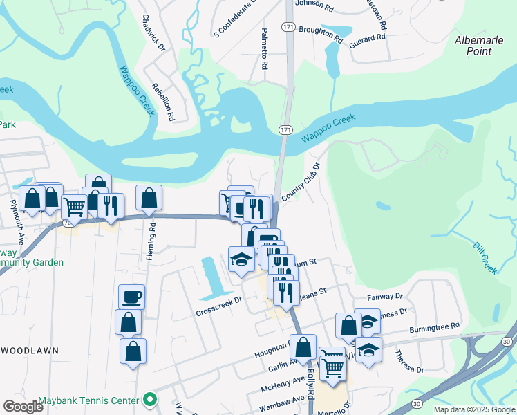 map of restaurants, bars, coffee shops, grocery stores, and more near 109 Wappoo Creek Drive in Charleston
