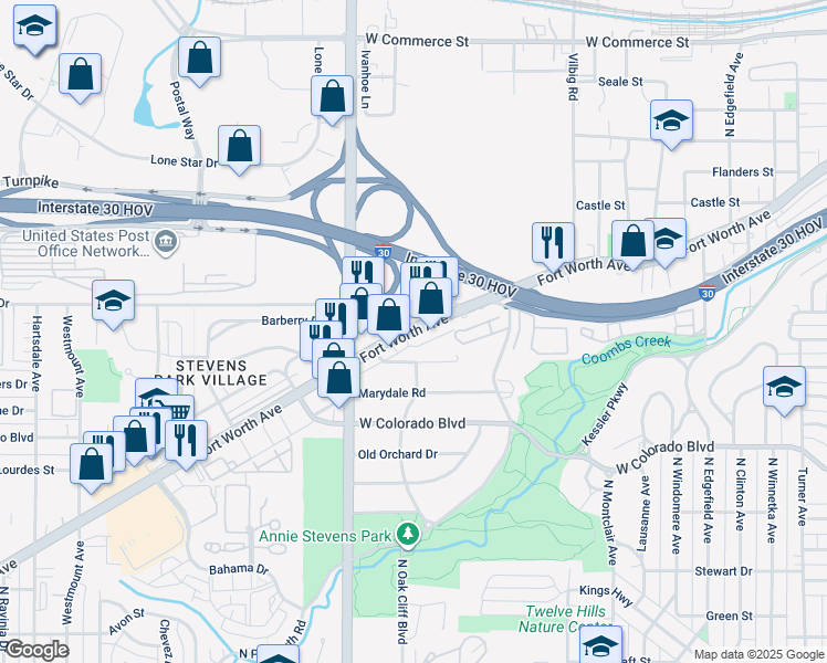 map of restaurants, bars, coffee shops, grocery stores, and more near 1982 Fort Worth Avenue in Dallas