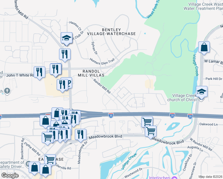 map of restaurants, bars, coffee shops, grocery stores, and more near 8811 Creek Run Road in Fort Worth