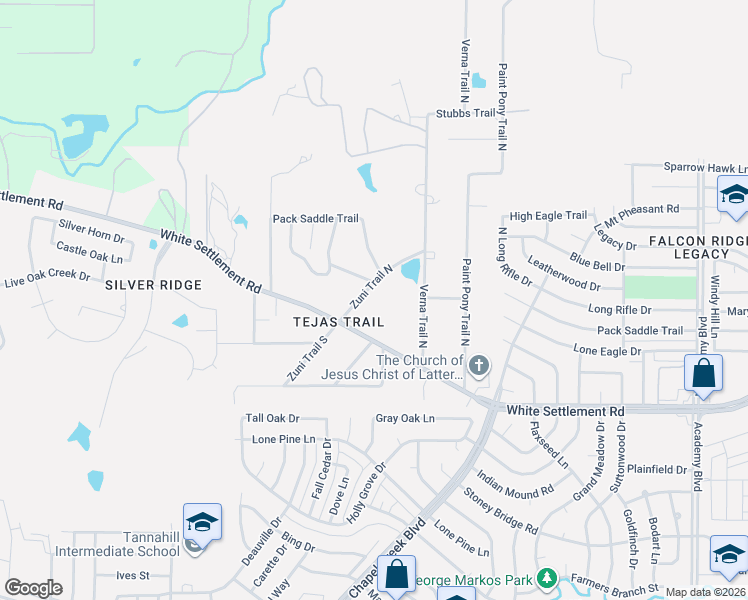 map of restaurants, bars, coffee shops, grocery stores, and more near 124 Zuni Trail North in Fort Worth