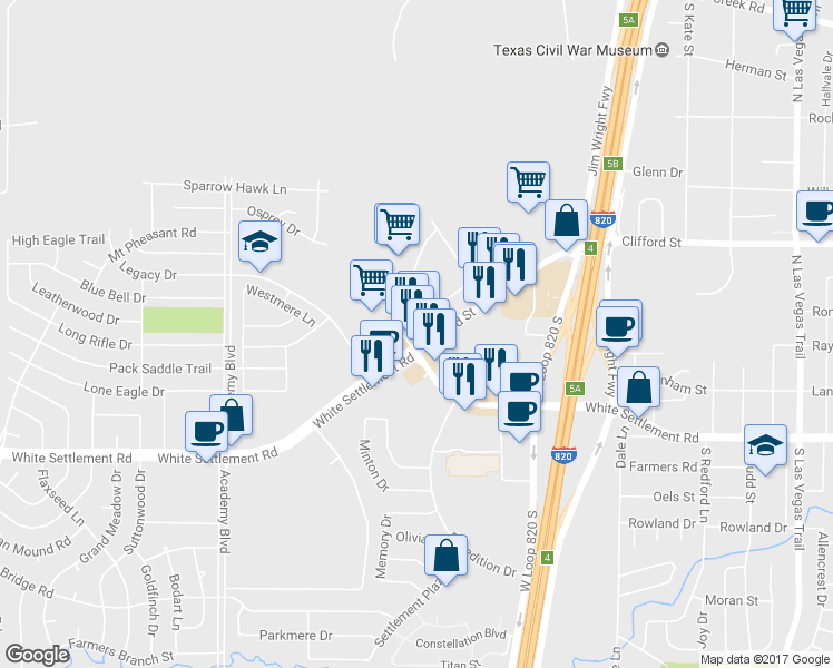 map of restaurants, bars, coffee shops, grocery stores, and more near 9560 Clifford St in Fort Worth