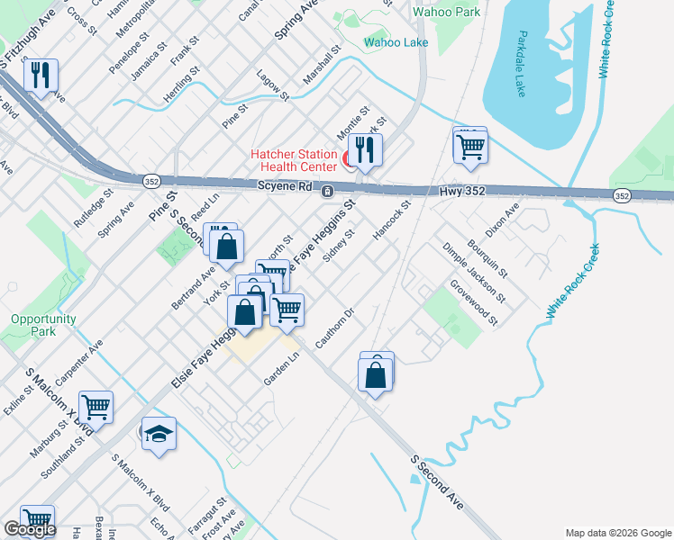 map of restaurants, bars, coffee shops, grocery stores, and more near 3711 Hancock Street in Dallas