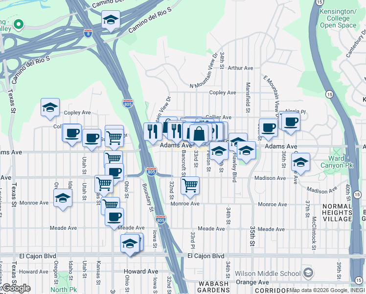 map of restaurants, bars, coffee shops, grocery stores, and more near 3239 Adams Avenue in San Diego