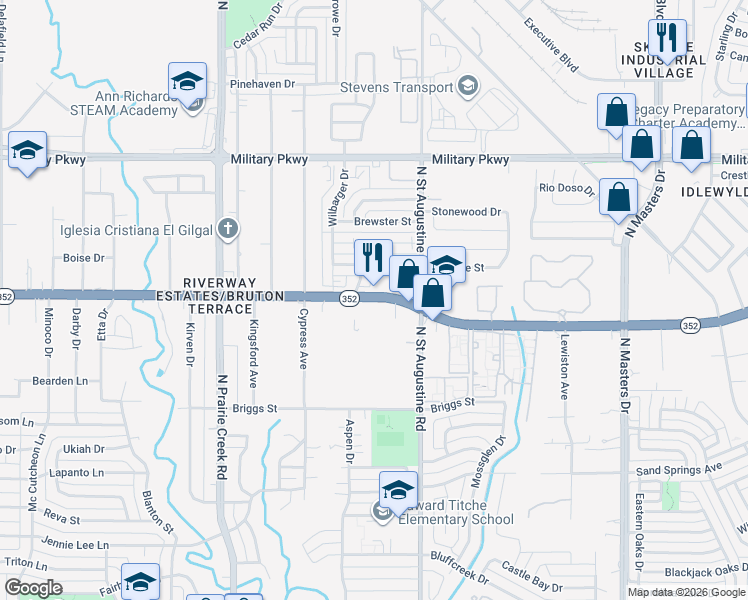 map of restaurants, bars, coffee shops, grocery stores, and more near 9520 Scyene Road in Dallas