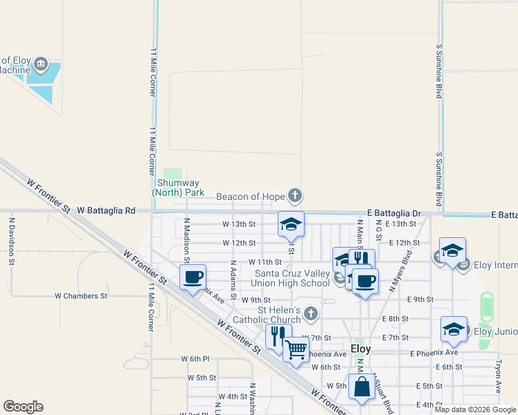 map of restaurants, bars, coffee shops, grocery stores, and more near 402 West Battaglia Drive in Eloy