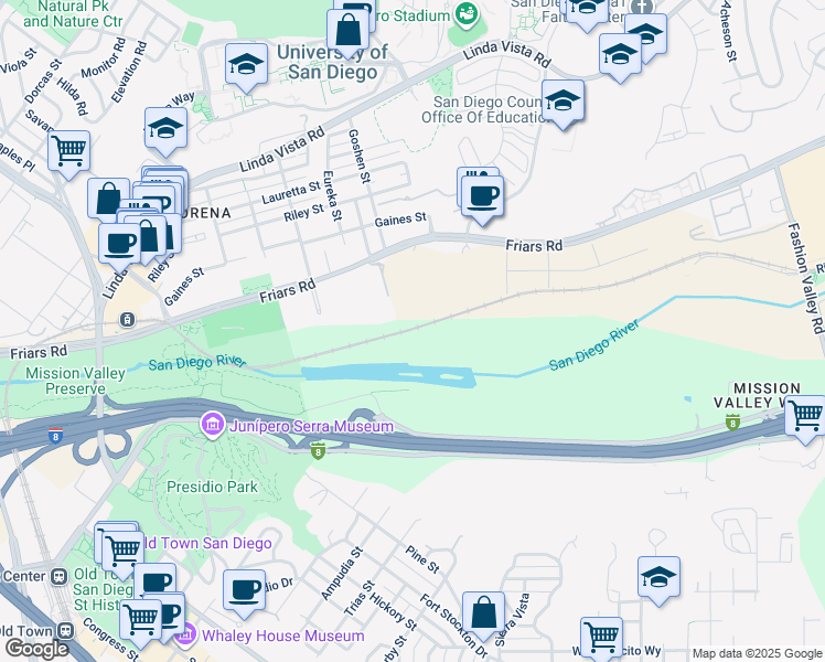map of restaurants, bars, coffee shops, grocery stores, and more near 5875 Friars Road in San Diego