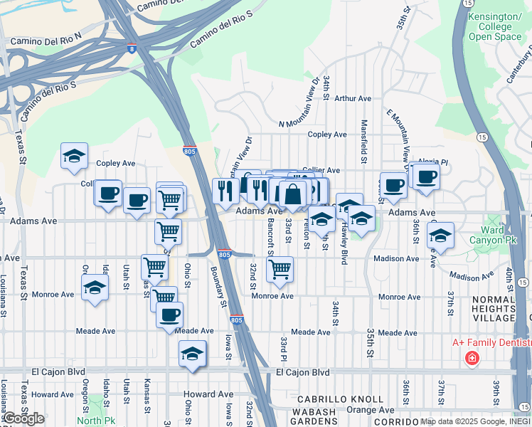 map of restaurants, bars, coffee shops, grocery stores, and more near 3211 Adams Avenue in San Diego