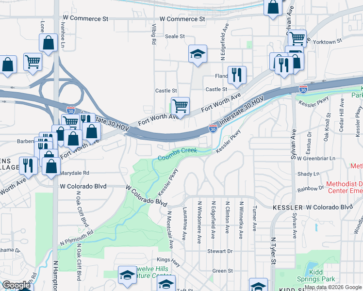 map of restaurants, bars, coffee shops, grocery stores, and more near 2168 Kessler Court in Dallas