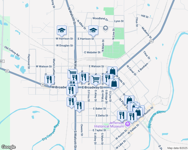 map of restaurants, bars, coffee shops, grocery stores, and more near 207 North Alley Street in Jefferson