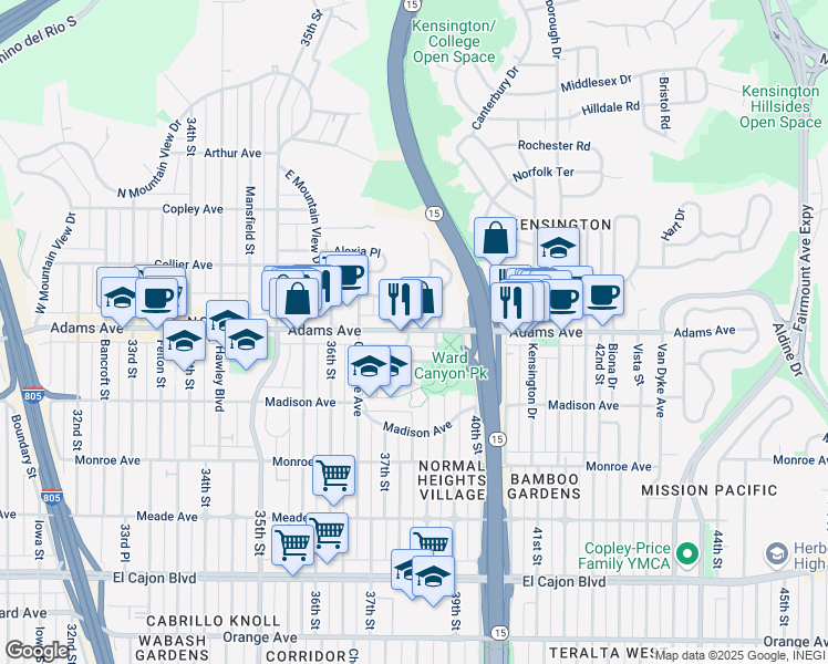 map of restaurants, bars, coffee shops, grocery stores, and more near 4697 East Mountain View Drive in San Diego