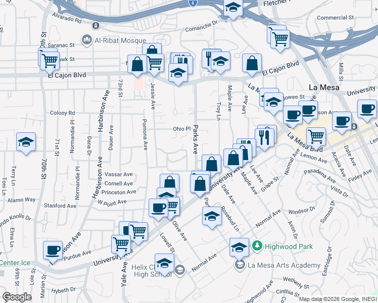 map of restaurants, bars, coffee shops, grocery stores, and more near 4675 Munroe Street in La Mesa