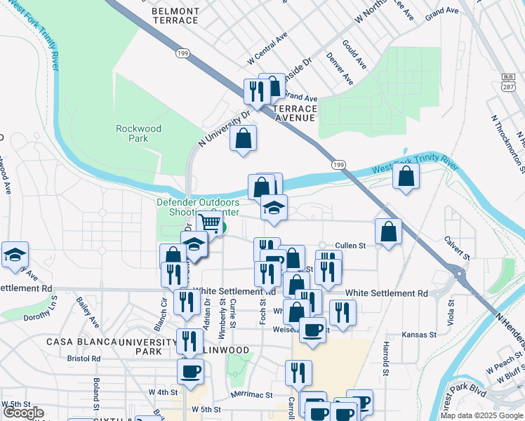 map of restaurants, bars, coffee shops, grocery stores, and more near 2800 Shamrock Avenue in Fort Worth