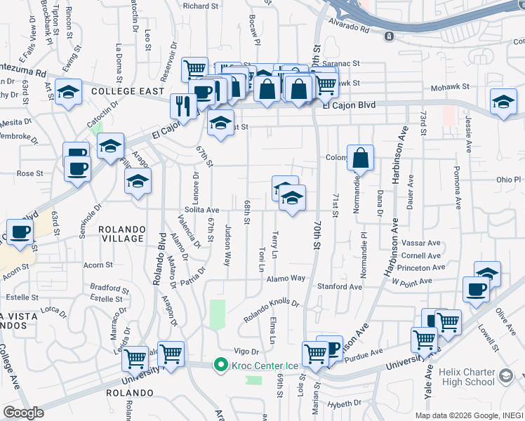 map of restaurants, bars, coffee shops, grocery stores, and more near 4674 Terry Lane in La Mesa