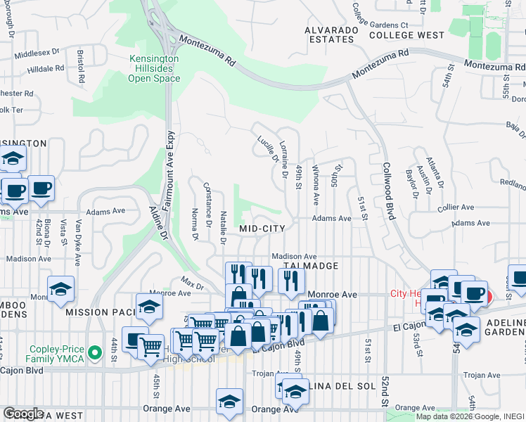 map of restaurants, bars, coffee shops, grocery stores, and more near 4728 Jean Drive in San Diego