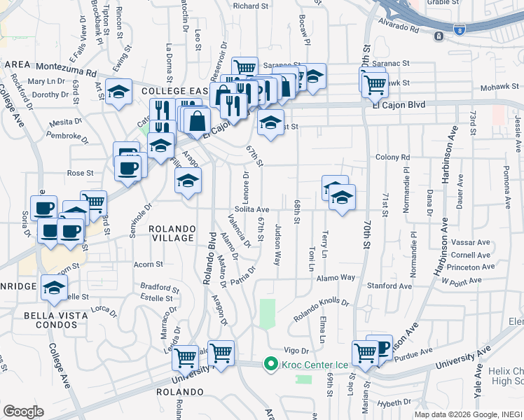 map of restaurants, bars, coffee shops, grocery stores, and more near 67th Street & Solita Avenue in San Diego