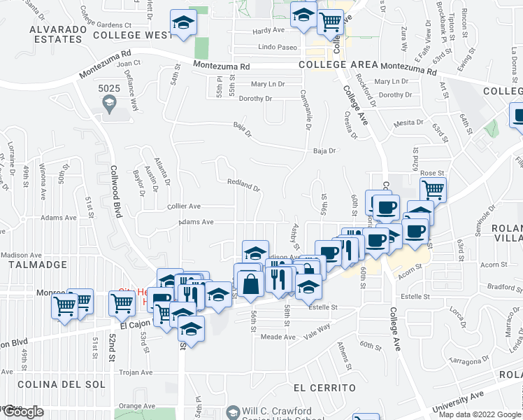 map of restaurants, bars, coffee shops, grocery stores, and more near 4727 Redland Drive in San Diego