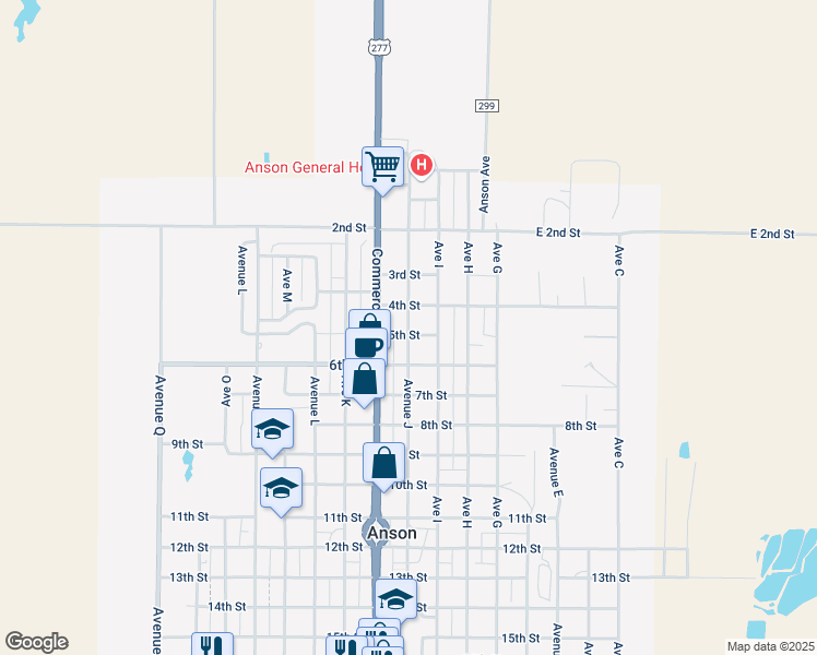 map of restaurants, bars, coffee shops, grocery stores, and more near 432 Avenue J in Anson