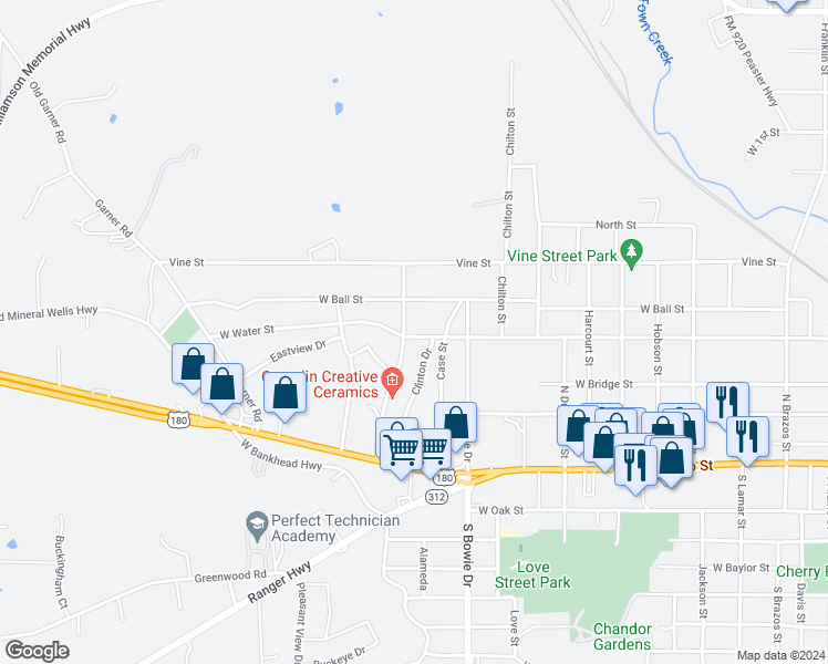 map of restaurants, bars, coffee shops, grocery stores, and more near 1242 West Water Street in Weatherford