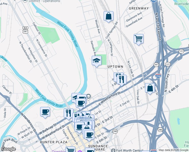 map of restaurants, bars, coffee shops, grocery stores, and more near 501 Samuels Avenue in Fort Worth