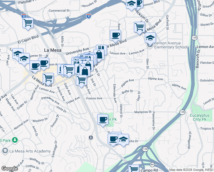 map of restaurants, bars, coffee shops, grocery stores, and more near 4579 4th Street in La Mesa